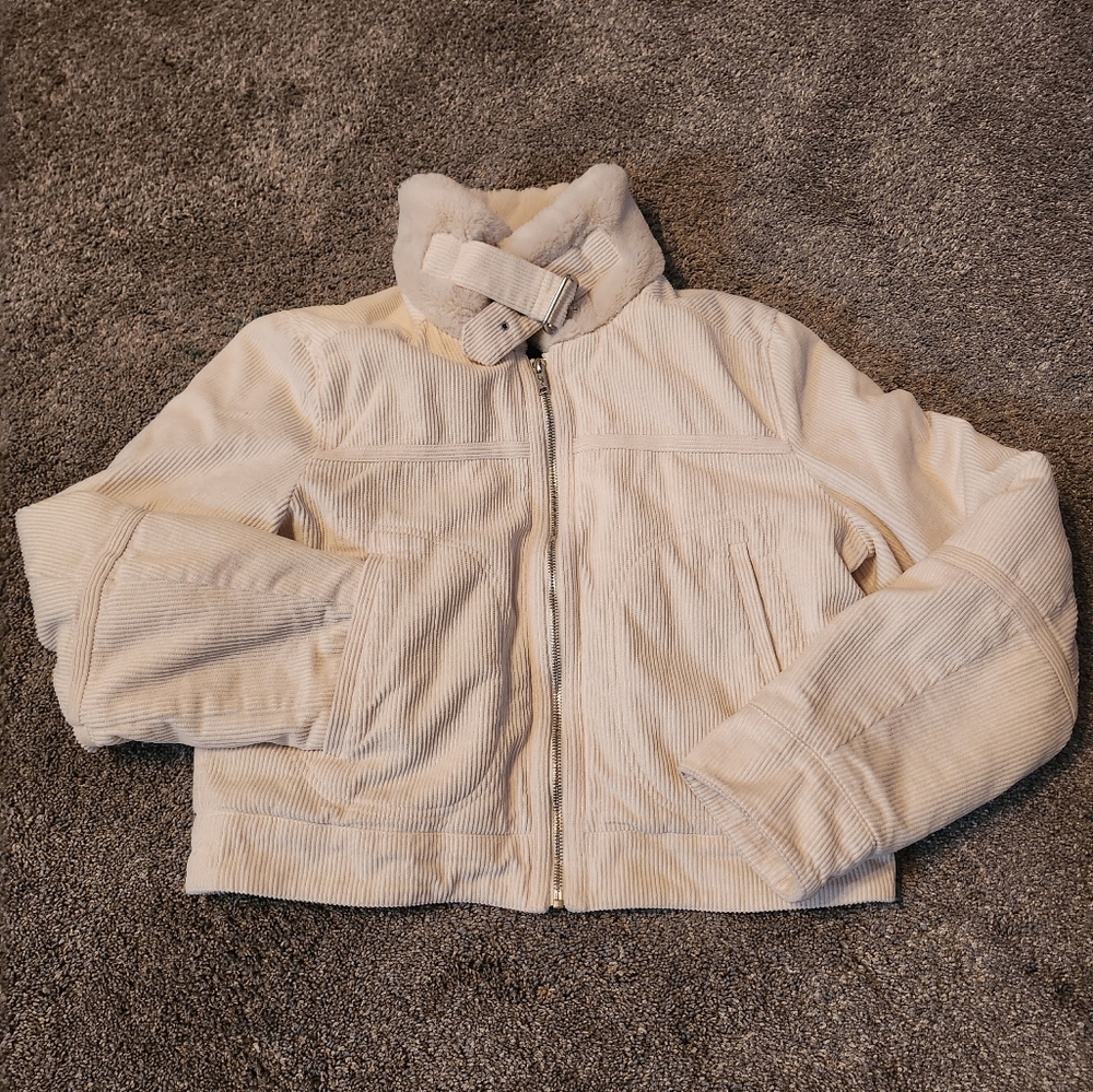 White Corduroy Jacket with Faux Fur Collar